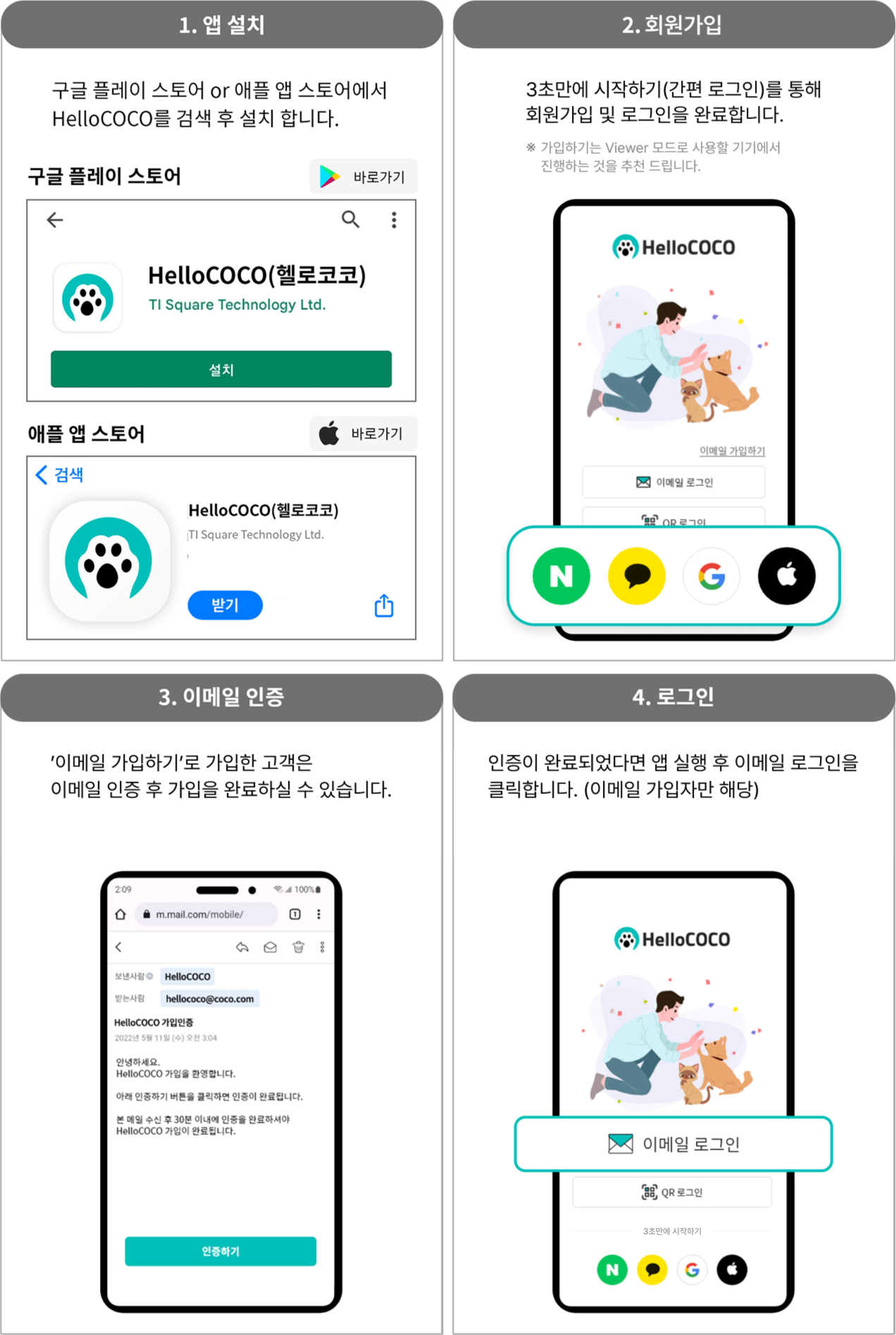 1.앱 설치 : 구글 플레이 스토어 or 애플 앱 스토어에서 HelloCOCO를 검색 후 설치 합니다. 2.가입하기 : 앱 실행 후 가입하기를 진행합니다. ※ 가입하기는 Viewer 모드로 사용할 기기에서 진행하는 것을 추천 드립니다. 3.이메일 인증 : 구글 플레이 스토어 or 애플 앱 스토어에서 HelloCOCO를 검색 후 설치 합니다. 4.로그인 : 앱 실행 후 가입하기를 진행합니다.※ 가입하기는 Viewer 모드로 사용할 기기에서 진행하는 것을 추천 드립니다.