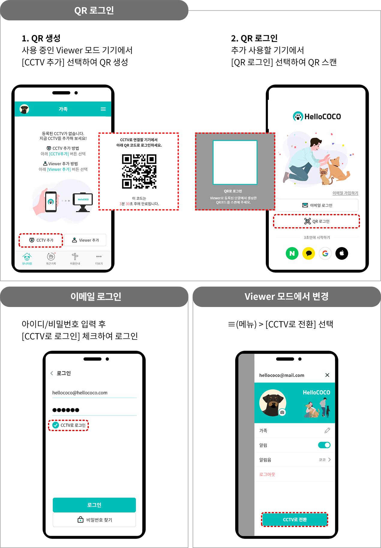 QR로그인 = 1.QR 생성 :사용 중인 Viewer 모드 기기에서 [CCTV 추가] 선택하여 QR 생성 2. QR로그인 : 추가 사용할 기기에서 [QR 로그인] 선택하여 QR 스캔, 아이디/비밀번호 로그인 = 아이디/비밀번호 입력 후 [CCTV로 로그인] 체크하여 로그인, Viewer 모드에서 변경 = ≡(메뉴) > [CCTV로 전환] 선택