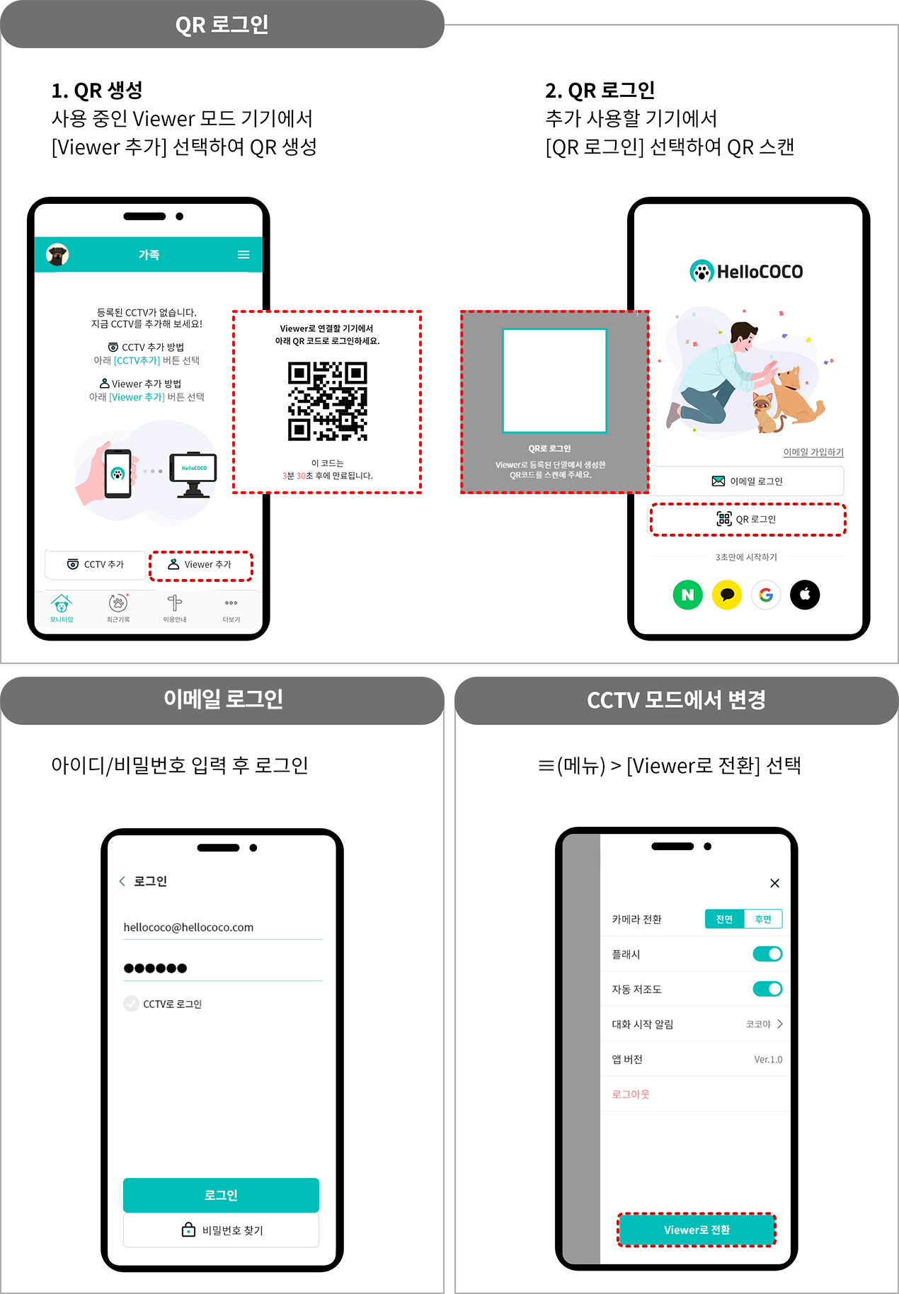 QR로그인 = 1.QR 생성 :사용 중인 Viewer 모드 기기에서 [Viewer 추가] 선택하여 QR 생성 2. QR로그인 : 추가 사용할 기기에서 [QR 로그인] 선택하여 QR 스캔, 아이디/비밀번호 로그인 = 아이디/비밀번호 입력 후 로그인, CCTV 모드에서 변경 = ≡(메뉴) > [Viewer로 전환] 선택